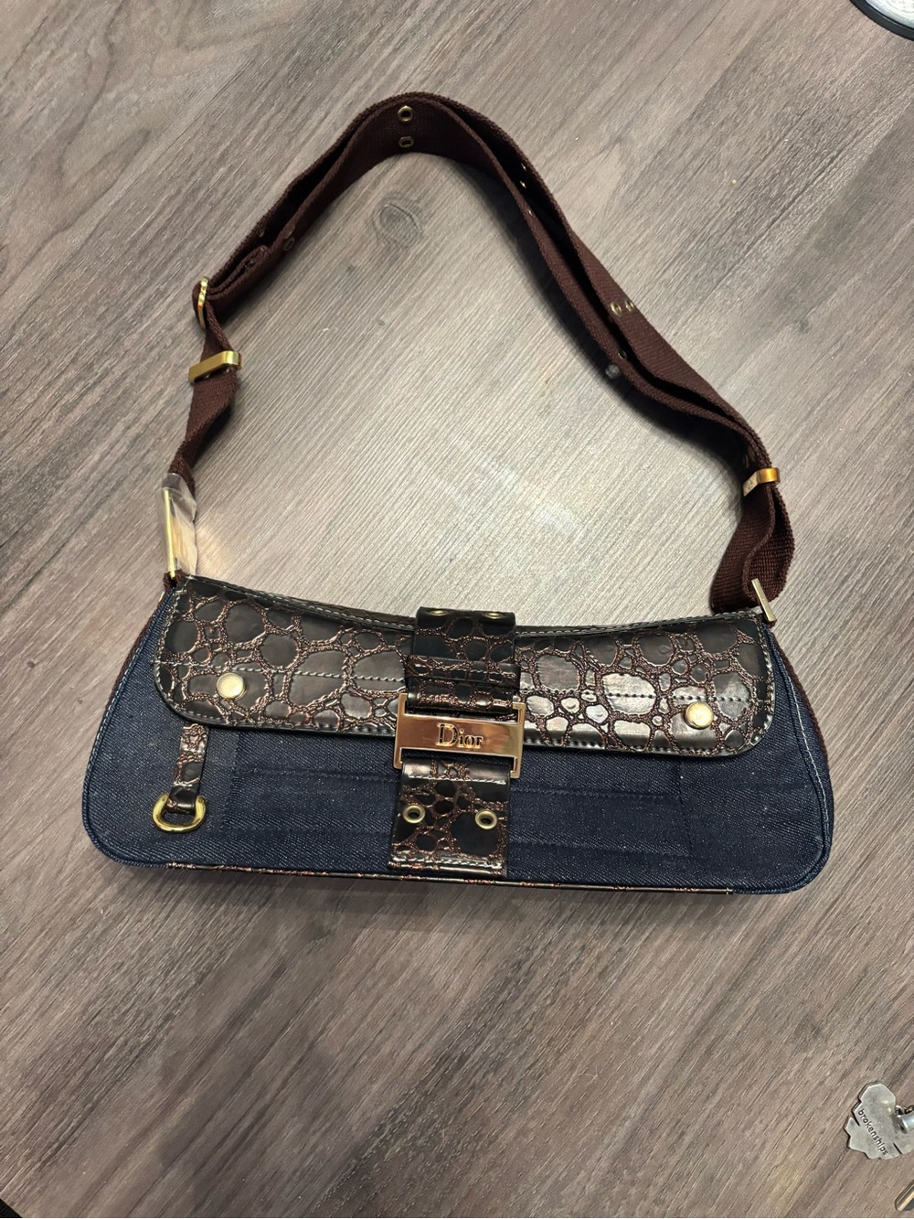 Dior Navy Denim Shoulder Bag with Brown Croc Trim